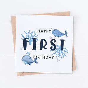 Navy Blue Whales First Birthday Card