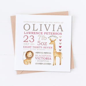 Pink Safari Newborn Details Card