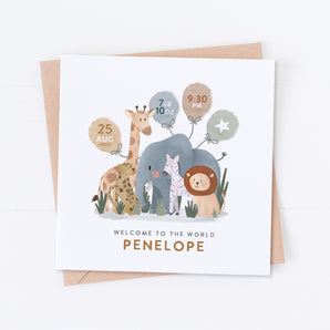 Safari Friends Birth Details Newborn Card