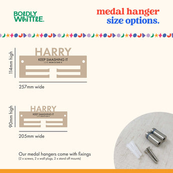 Medal hanger size options for a Children's Medal Hanger with fixing components details.