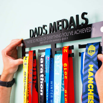 High Gloss Black Acrylic Personalised Medal Hanger with various Medals
