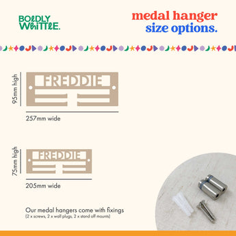 Children's Minimal Medal hanger size options and wall mount fixing details