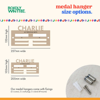 Children's Medal hanger size options with wall mount fixing details.