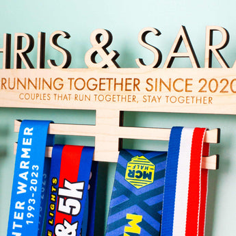Laser Cut Personalised Medal Hanger for Couples, highly detailed laser engraving