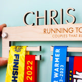 Laser Cut Personalised Medal Hanger for Couples, with brushed aluminium wall mount fixings included