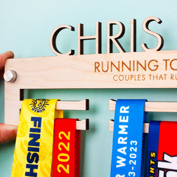 Laser Cut Personalised Medal Hanger for Couples, with brushed aluminium wall mount fixings included