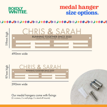 Personalised Couples Medal hanger size options with wall mount fixing details