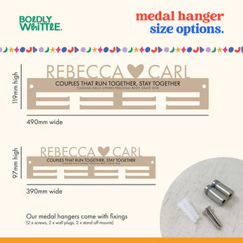 Couples Medal hanger size options with product details, sizes and wall mount fixings information