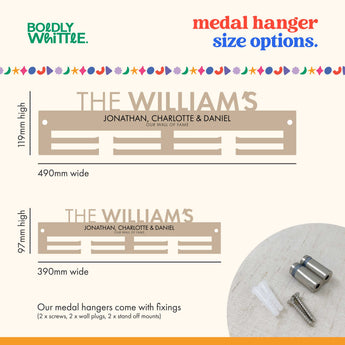 Family Medal hanger size options with dimensions and wall mount fixing details