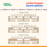 Personal Bests medal hanger layout options for 2, 3 or 4 distances, all equally spaced, centered on the medal hanger