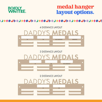 Personal Bests medal hanger layout options for 2, 3 or 4 distances, all equally spaced, centered on the medal hanger