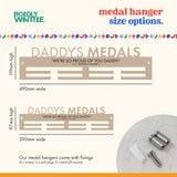 Medal hanger size options with 'Daddy's Medals' text and Wall Mount fixings information.