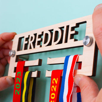 Personalised Minimal Children's Wooden Medal Hanger, with wall mount fixings included
