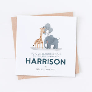 Blue Safari Giraffe and Elephant Christening Card