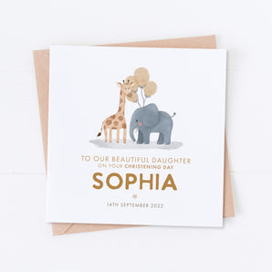 Yellow Safari Giraffe and Elephant Christening Card