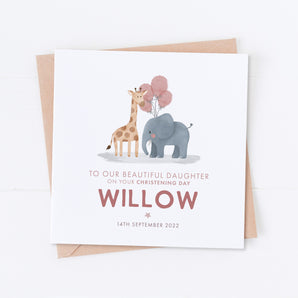 Pink Safari Giraffe and Elephant Christening Card