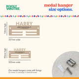 Medal hanger size options for a Children's Medal Hanger with fixing components details.