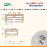 Children's Medal hanger size options with wall mount fixing details.