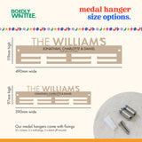 Family Medal hanger size options with dimensions and wall mount fixing details 