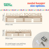 Medal hanger size options with 'Running Together' text and product details.