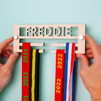 Personalised Minimal Children's Wooden Medal Hanger, with wall mount fixings included