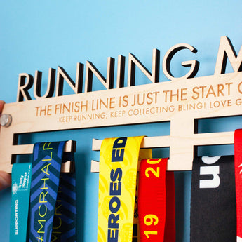 Detailed view of Personalised Wooden Medal Hanger, highlighting the highly accurate Laser Engraving and Lase Cut design