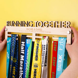 Wooden medal holder with 'Running Together' text, personalised with two lines of custom text